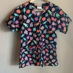 Cottonality Fish Black Button Up Scrub Top